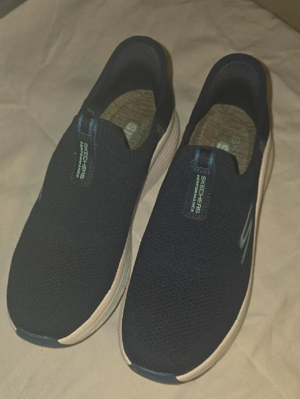 Skechers Slip-On Max Cushion Walking Sneakers in Navy and Light Blue